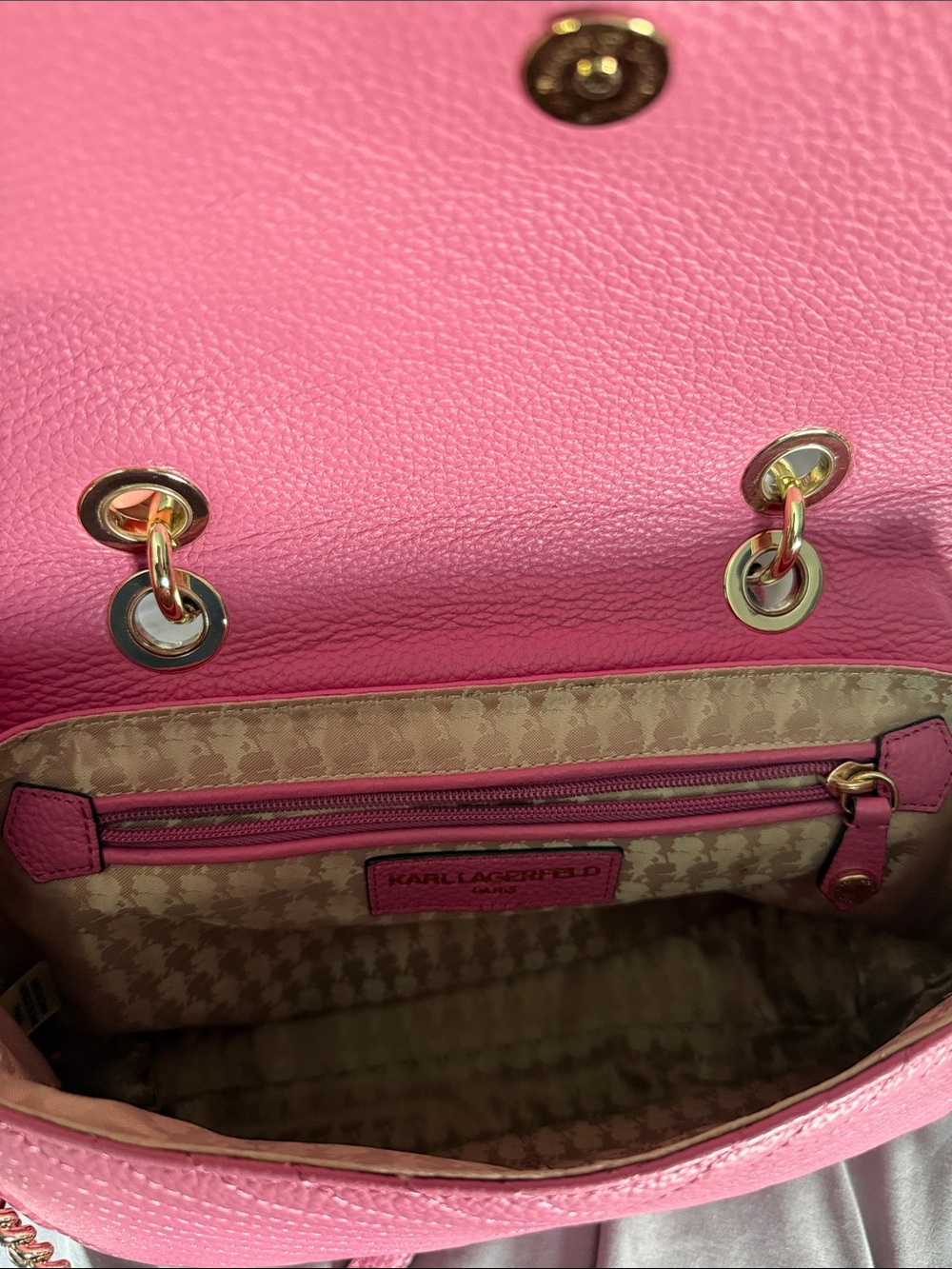 Karl Lagerfeld Pink Quilted Chevron Top-Handle Satchel with Chain Strap - Picture 5 of 5